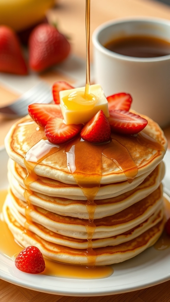 A stack of fluffy pancakes with strawberries and syrup on a breakfast table.